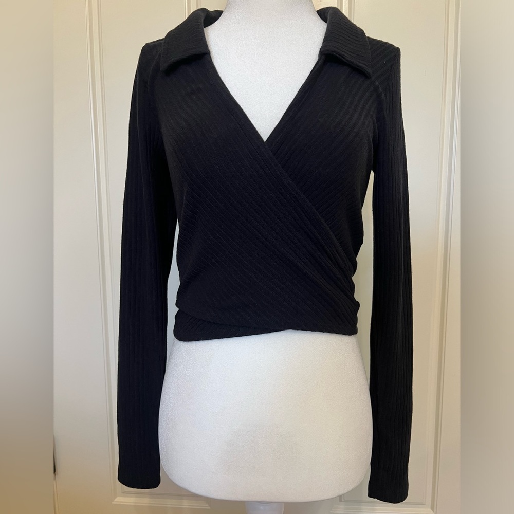 NWT Abercrombie & Fitch Black, Ribbed, Criss-Cross, Collared, Long Sleeve Top